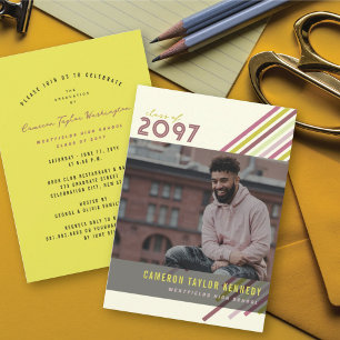 Colourful Diagonal Stripes Photo Graduation Party Invitation