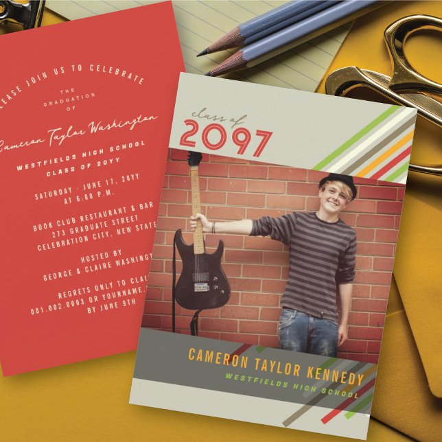 Colourful Diagonal Stripes Photo Graduation Party Invitation (Creator Uploaded)