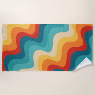 Colourful diagonal waves in retro style  beach towel