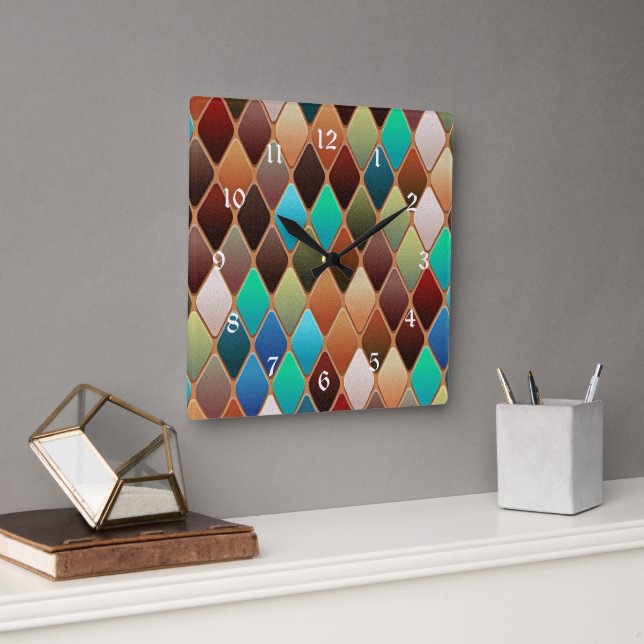 Colourful Diamond Pattern Square Wall Clock (Office)