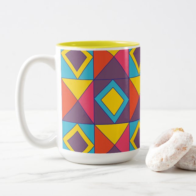 Colourful Diamond Triangle Geometric  Two-Tone Coffee Mug (With Donut)