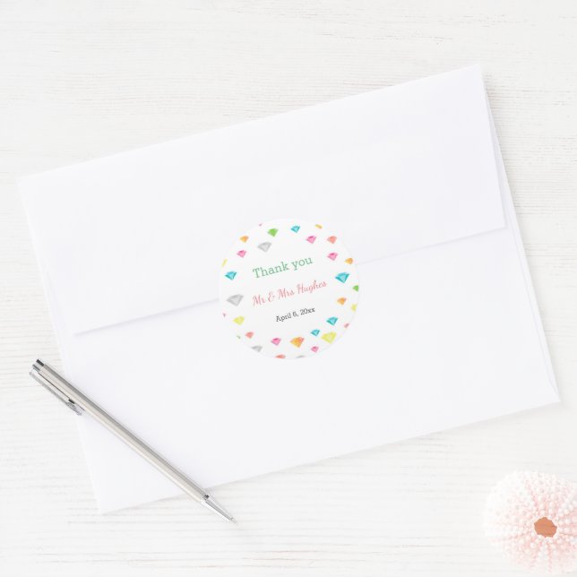 Colourful diamonds confetti wedding Fun Custom  Classic Round Sticker (Envelope)