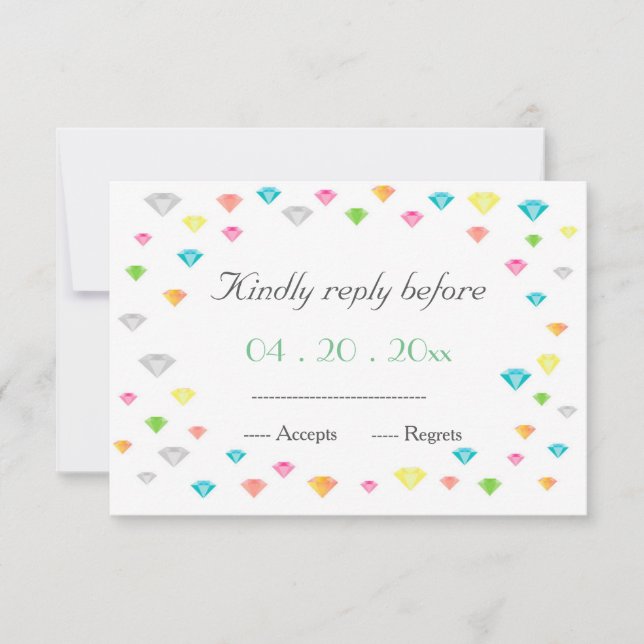 Colourful diamonds confetti wedding RSVP CARD (Front)