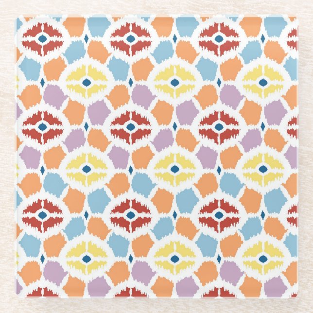 Colourful diamonds ikat geometric glass coaster (Front)