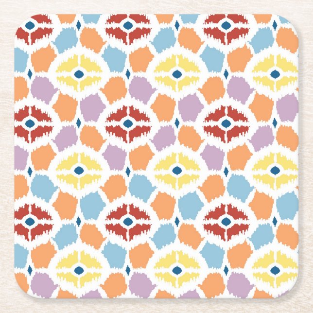 Colourful diamonds ikat geometric square paper coaster (Front)