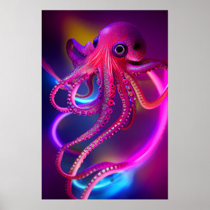 Colourful Digital Art Portrait, Sea Monster Octopu Poster