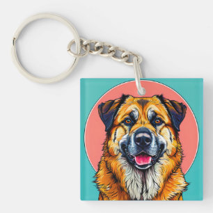 Colourful Digital Illustration of a Happy Dog Key Ring