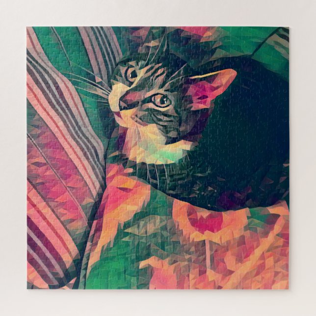 Colourful digital image little tabby cat on pillow jigsaw puzzle (Vertical)