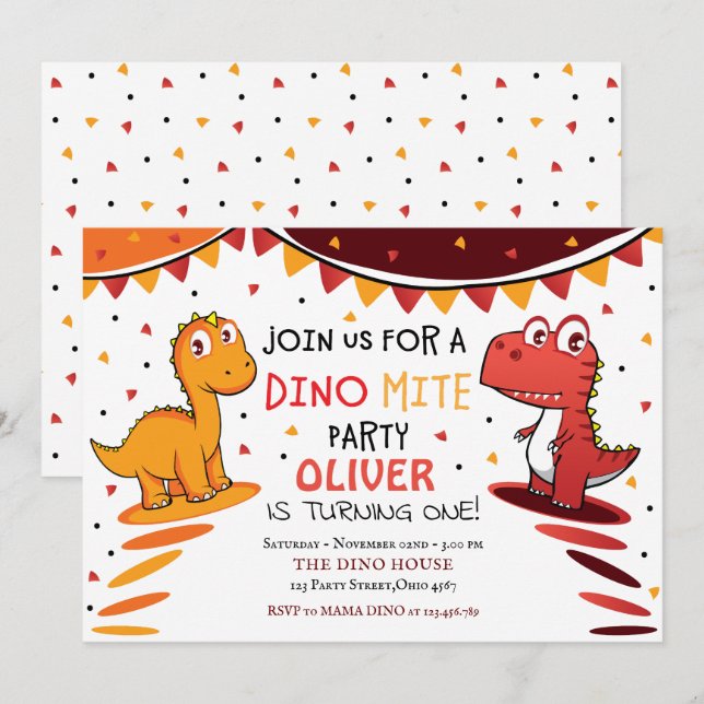 Colourful Dinomite Dinosaur Birthday Party Invitation (Front/Back)