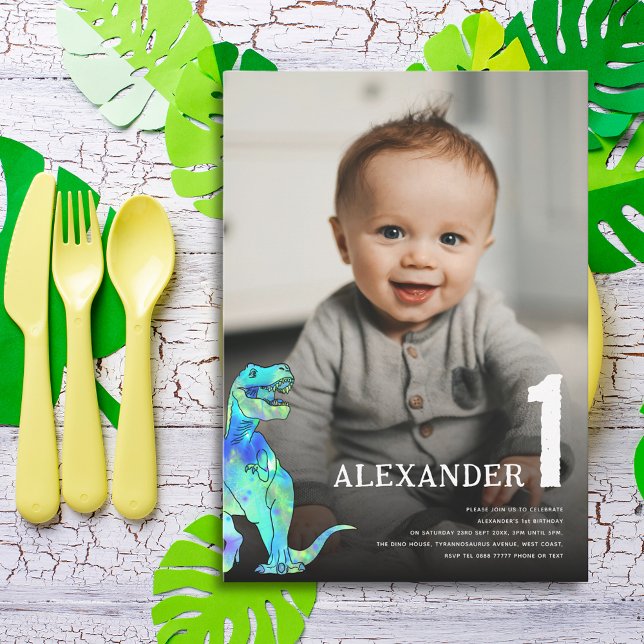 Colourful Dinosaur 1st Birthday Party Custom Photo Invitation (Colorful Dinosaur T-Rex 1st birthday party custom photo watercolor Dino)