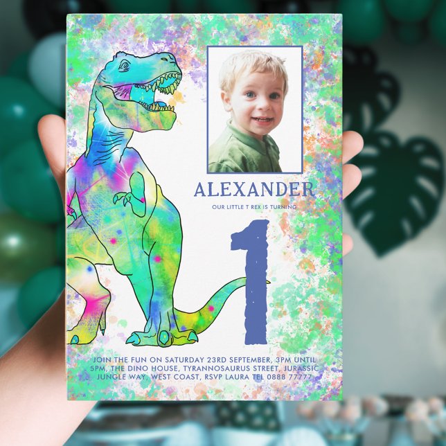 Colourful Dinosaur 1st Birthday Party Photo Invitation (Colorful dinosaur 1st birthday party invitation with photo template and T-Rex dino watercolor splash)