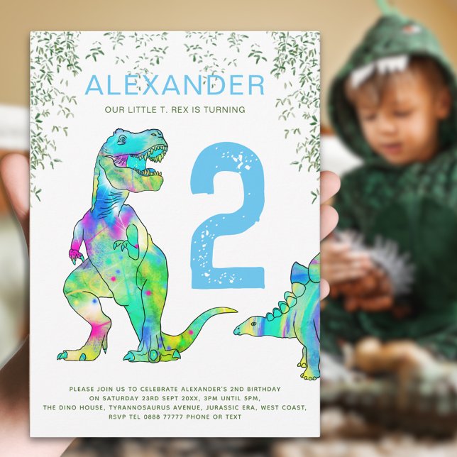 Colourful Dinosaur 2nd Birthday Party Invitation (Colorful dinosaur 2nd birthday party invitation invitation blue green watercolor T-Rex & Stegosaurus)