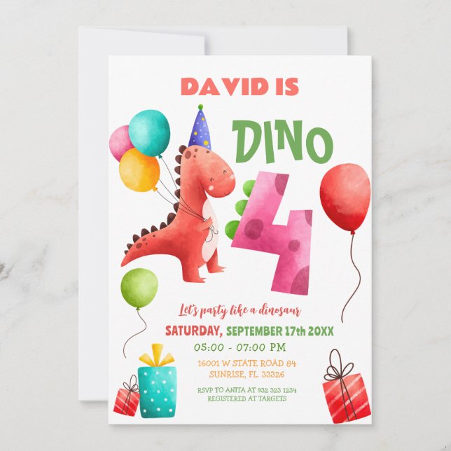 Colourful Dinosaur 4th Birthday Dino Party  Invitation (Front)