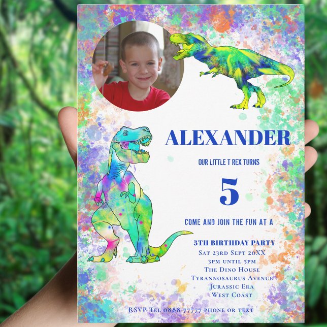 Colourful Dinosaur Birthday Party Invitation (T-Rex colorful watercolor dinosaur 5th birthday party photo invitation )