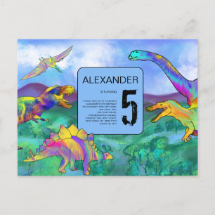 colourful dinosaur birthday party invitation postcard