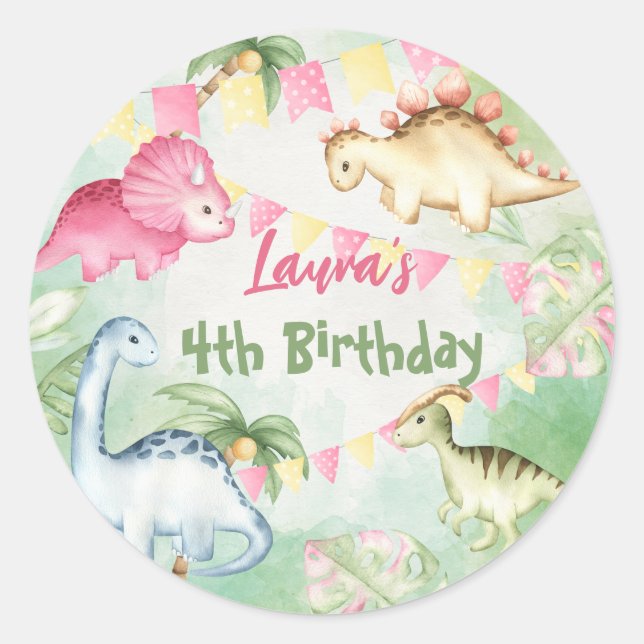 Colourful dinosaur birthday party personalised nam classic round sticker (Front)