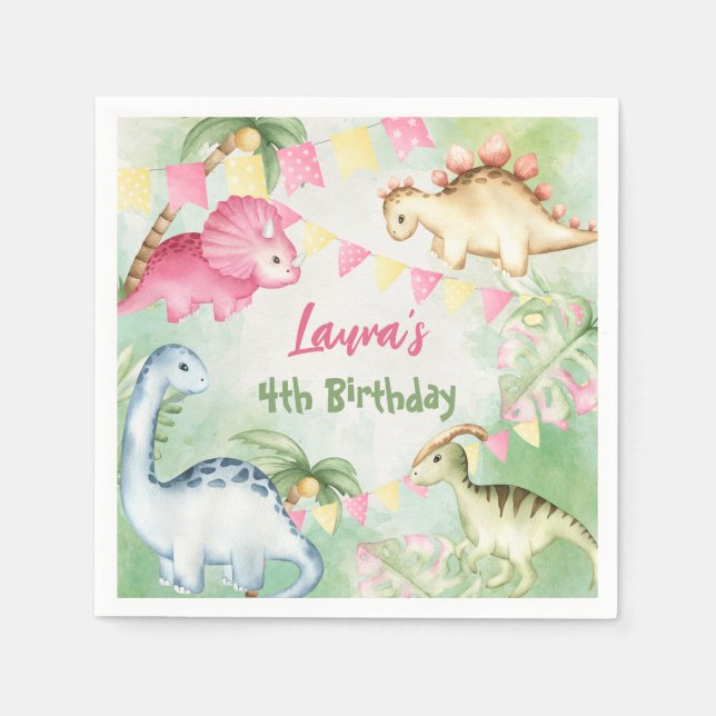 Colourful dinosaur birthday party personalised nam napkin (Front)