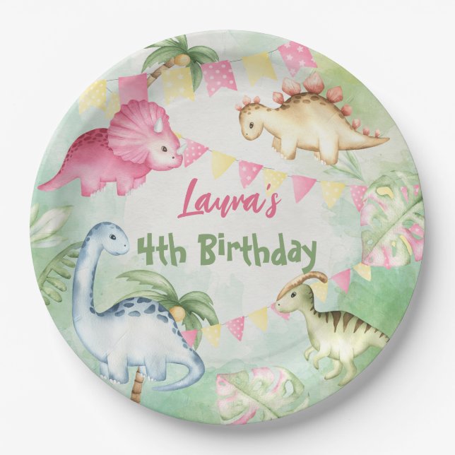 Colourful dinosaur birthday party personalised nam paper plate (Front)