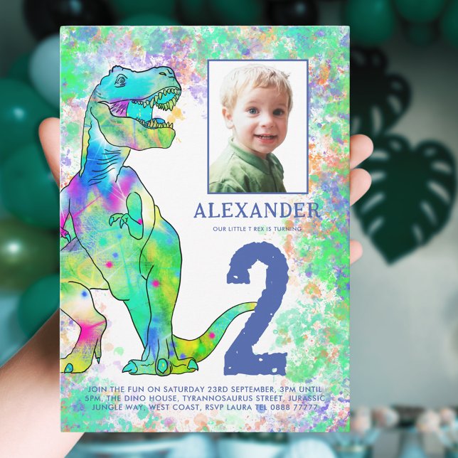 Colourful Dinosaur Birthday Party Photo Budget Invitation Postcard (Colorful dinosaur 2nd birthday party budget invitation postcard with photo template watercolor T-Rex)