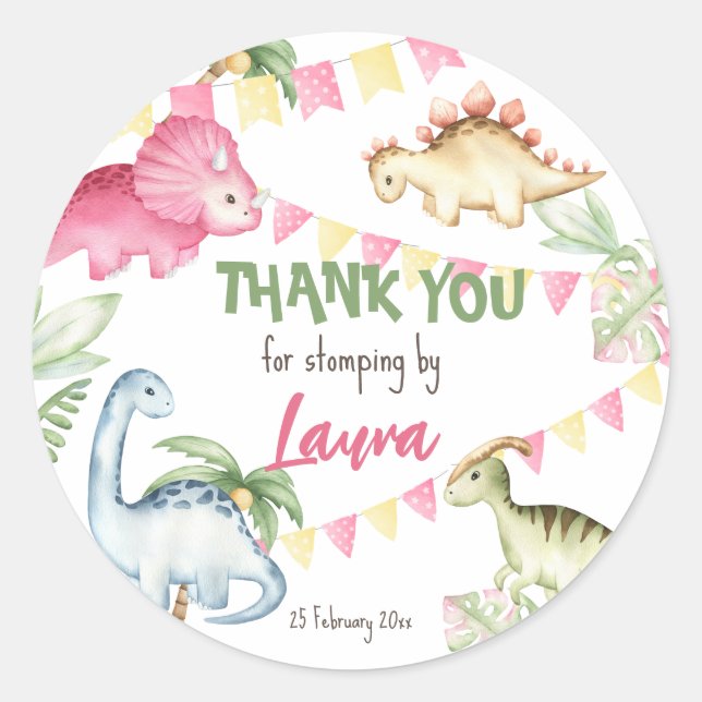Colourful dinosaur birthday party thank you gift classic round sticker (Front)