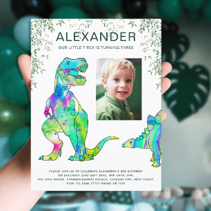 Colourful Dinosaur Boys 3rd Birthday Party Photo Invitation Postcard