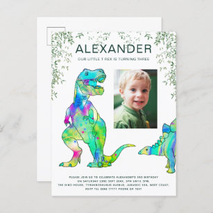colourful dinosaur boys birthday party photo invitation postcard