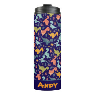 Colourful dinosaur cartoon  blue pattern name  thermal tumbler