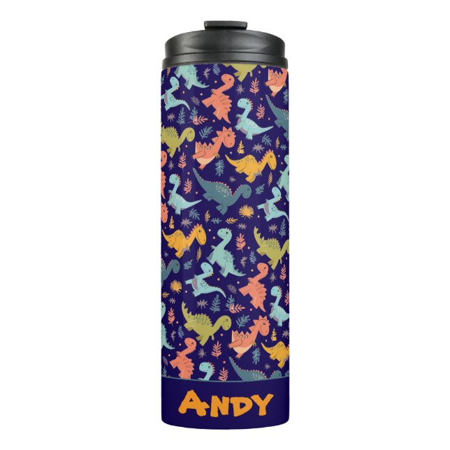 Colourful dinosaur cartoon  blue pattern name  thermal tumbler (Front)