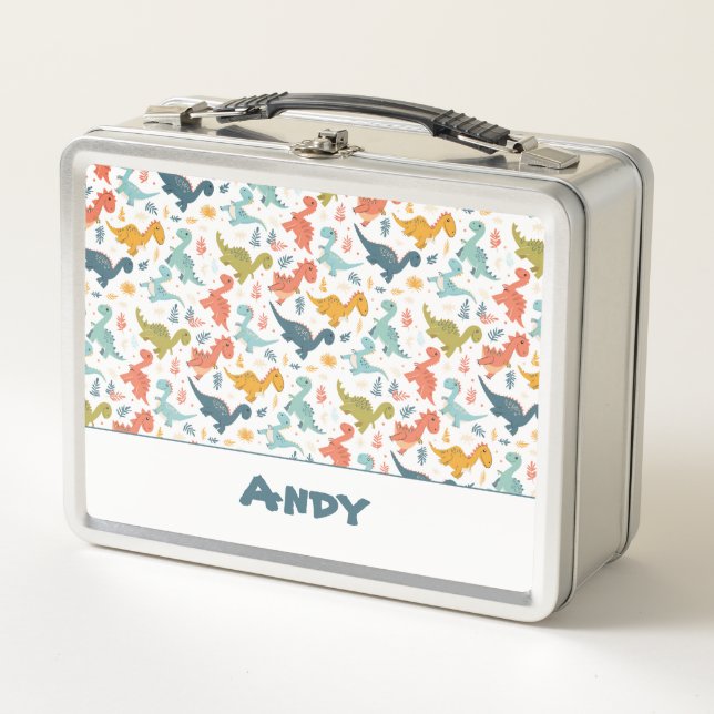 Colourful dinosaur cartoon cute pattern name  metal lunch box (Front)