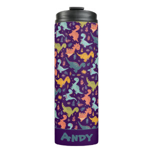 Colourful dinosaur cartoon purple pattern name thermal tumbler