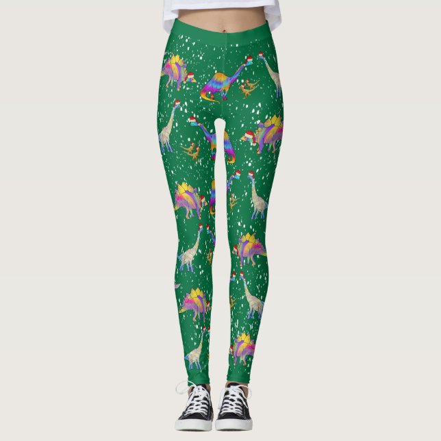 Colourful Dinosaur Christmas Leggings (Front)