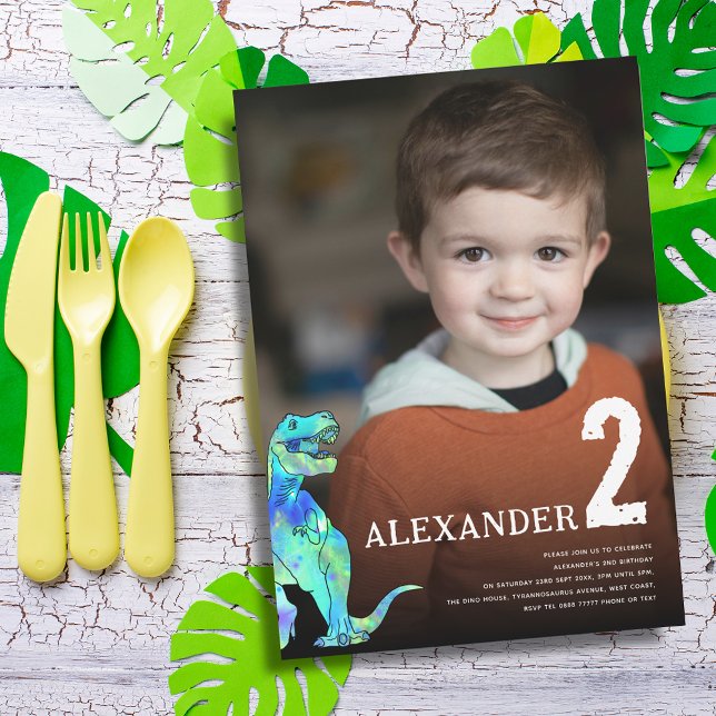 Colourful Dinosaur Custom Photo 2nd Birthday Party Invitation (Colorful Dinosaur T-Rex roar personalized photo 2nd birthday party invitation)