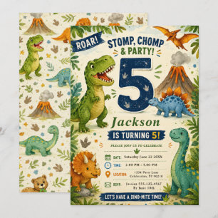 Colourful Dinosaur Fifth Birthday Invitation