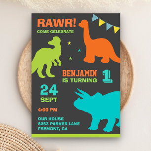 Colourful Dinosaur First Birthday Party Invitation