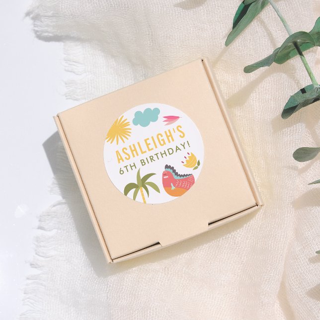 Colourful Dinosaur Gender-Neutral Birthday Party Classic Round Sticker (Creator Uploaded)