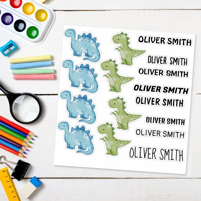 Colourful Dinosaur illustrations stickers with Nam (Sticker Sheet with Cute Dinosaurs and Custom Name Stickers for Waterbottles, books, crafts adn more.)