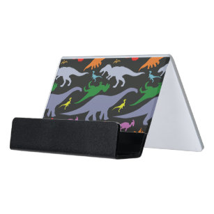 Colourful Dinosaur Pattern (Dark) Desk Business Card Holder