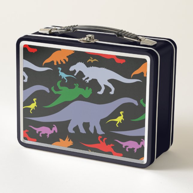 Colourful Dinosaur Pattern (Dark) Metal Lunch Box (Front)