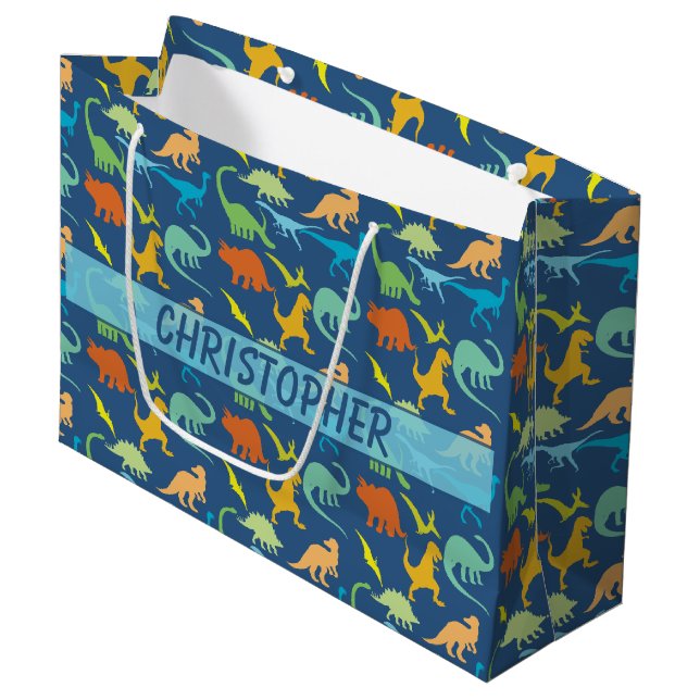 Colourful Dinosaur Pattern to Personalise Large Gift Bag (Front Angled)