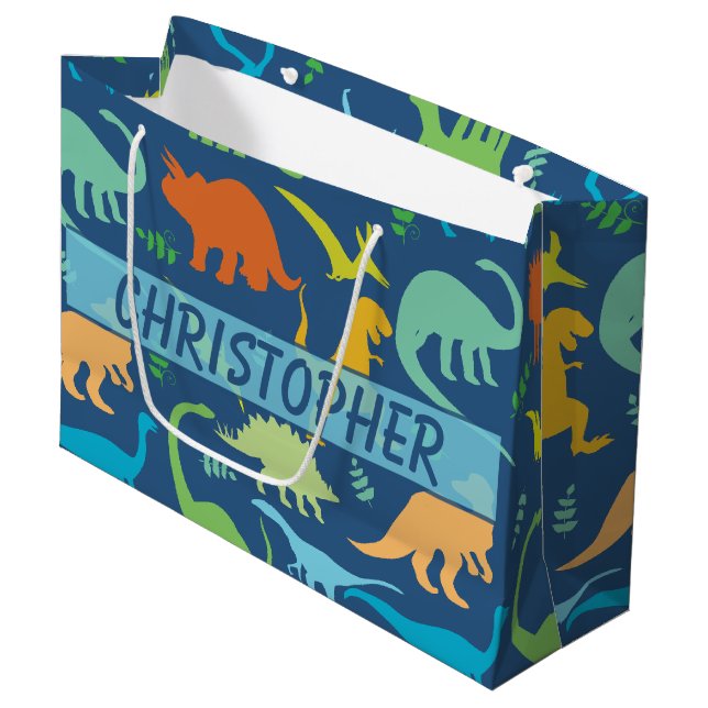 Colourful Dinosaur Pattern to Personalise Large Gift Bag (Front Angled)