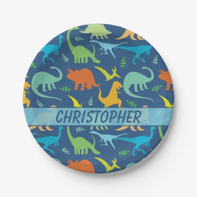 Colourful Dinosaur Pattern to Personalise Paper Plate (Front)