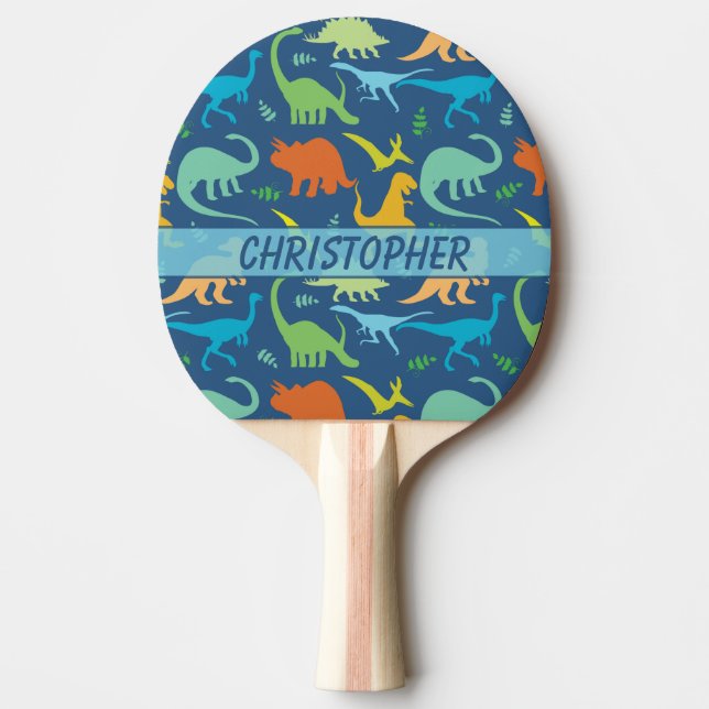 Colourful Dinosaur Pattern to Personalise Ping Pong Paddle (Front)