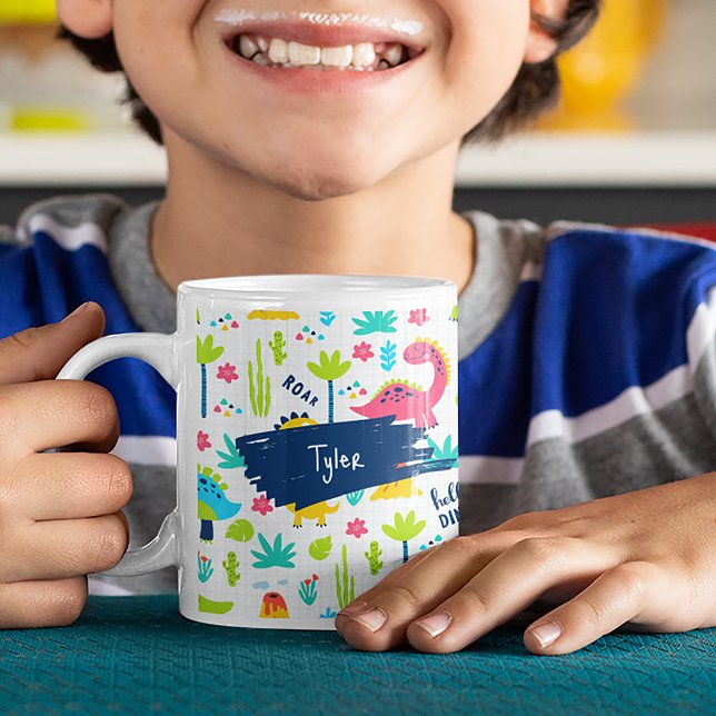 Colourful Dinosaur Pattern with Kids Name Coffee Mug (Creator Uploaded)