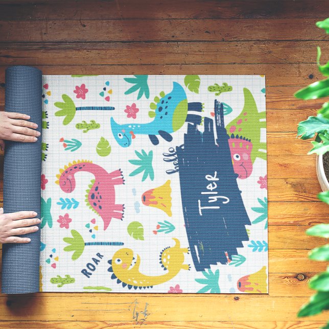 Colourful Dinosaur Pattern with Kids Name Yoga Mat (Creator Uploaded)