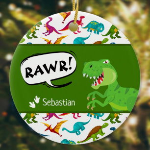 Colourful Dinosaur Pattern with Name T-Rex Christm Ceramic Tree Decoration