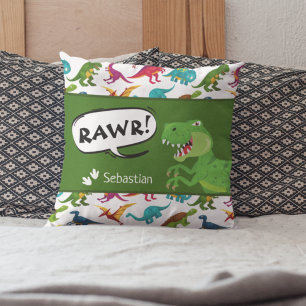 Colourful Dinosaur Pattern with Name T-Rex Green Cushion