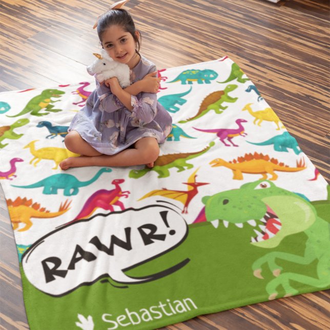 Colourful Dinosaur Pattern with Name T-Rex Green Fleece Blanket (Creator Uploaded)