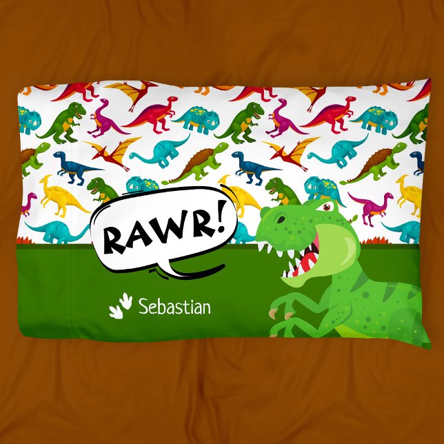 Colourful Dinosaur Pattern with Name T-Rex Green P Pillowcase (Creator Uploaded)