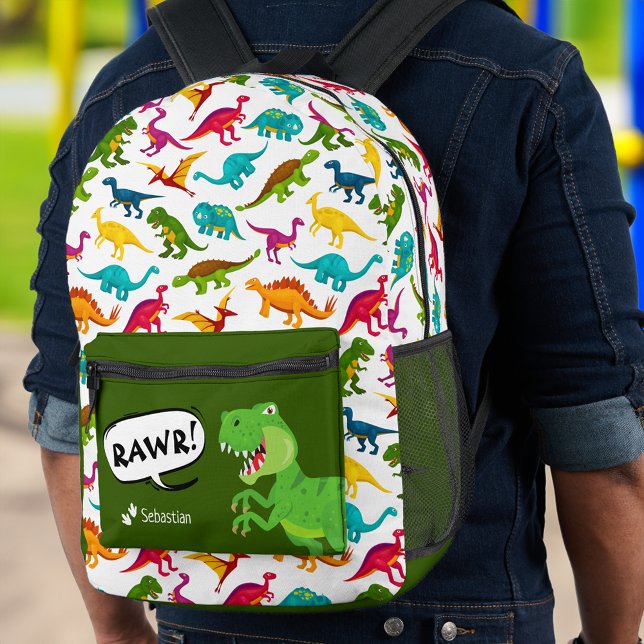 Colourful Dinosaur Pattern with Name T-Rex Green Printed Backpack (Creator Uploaded)