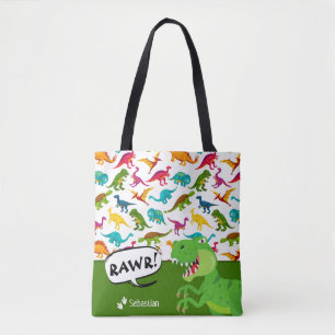 Colourful Dinosaur Pattern with Name T-Rex Green Tote Bag